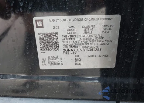 2018 Chevrolet Equinox Lt из США, поврежденный, VIN 2GNAXJEV8J6341253